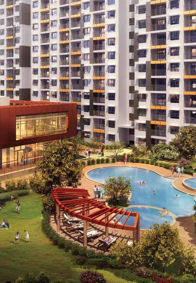 Artist's impression of the pools beside the clubhouse, with a pergola deck and lawns