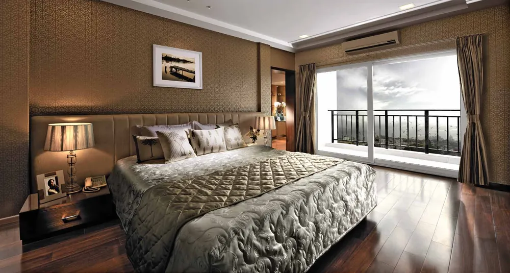 Artist's impression of a master bedroom with balcony