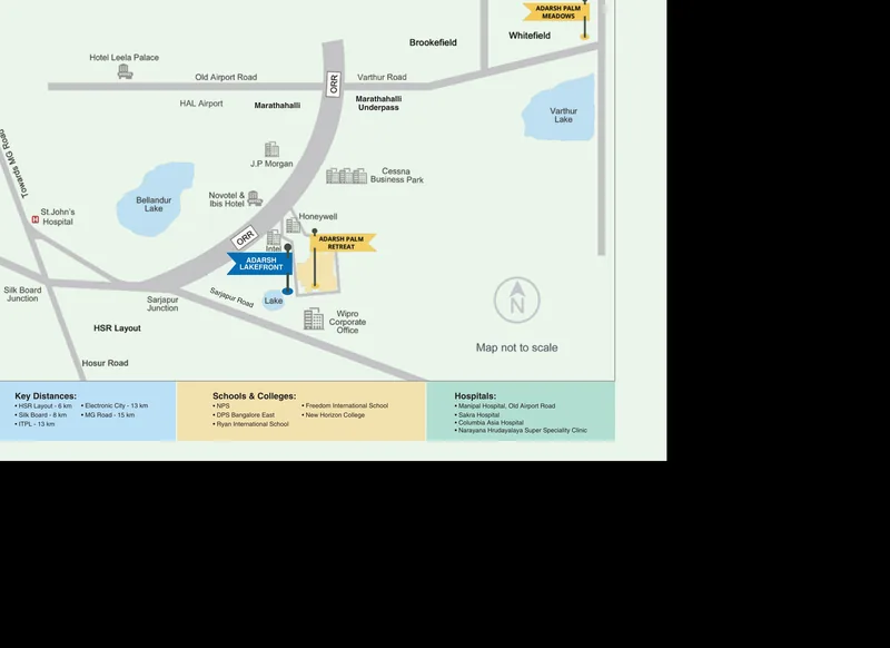Location map of Adarsh Lakefront on Outer Ring Road beside Intel, showing Sarjapur Road, Bellandur Lake, Marathahalli, Silk Board and nearby offices, schools and hospitals