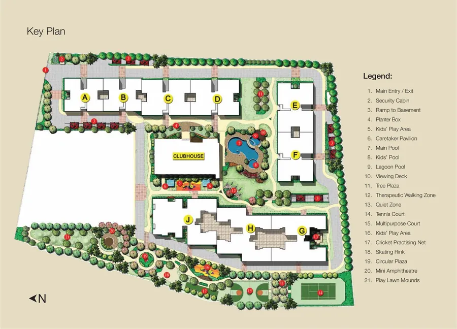 Key plan of Adarsh Lakefront showing the three towers (blocks A to J), the clubhouse, pools and sports courts with a numbered legend